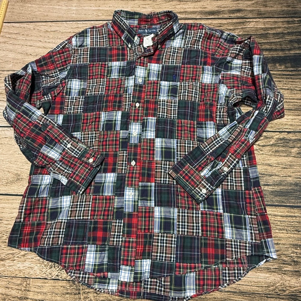 Ralph Lauren Button Down Shirt Mens XXL Multi Patchwork Plaid Custom Fit Pony